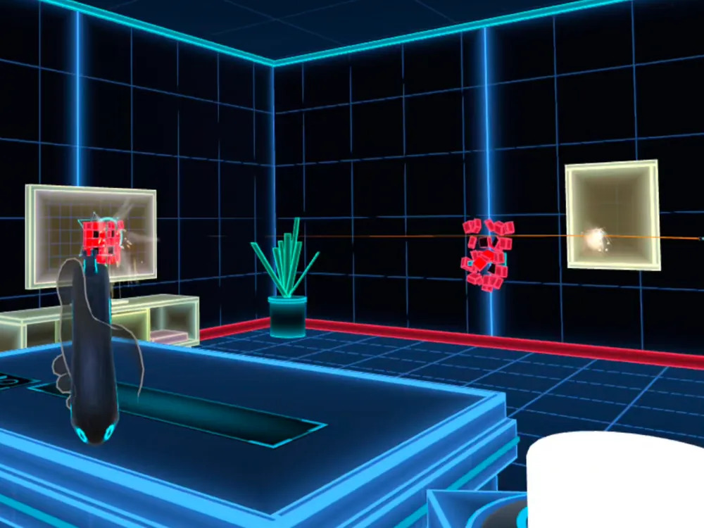 A bullet tracer streaks across the room and sparks off a framed panel while a red target bursts into pieces.