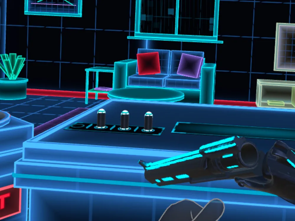 Three bullets standing in a tray on the shooting table, a neon revolver held open in the player's hand.