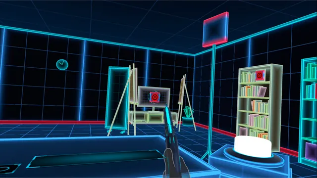 Aiming down the room at a target on a screen, with another target tucked into a bookshelf.