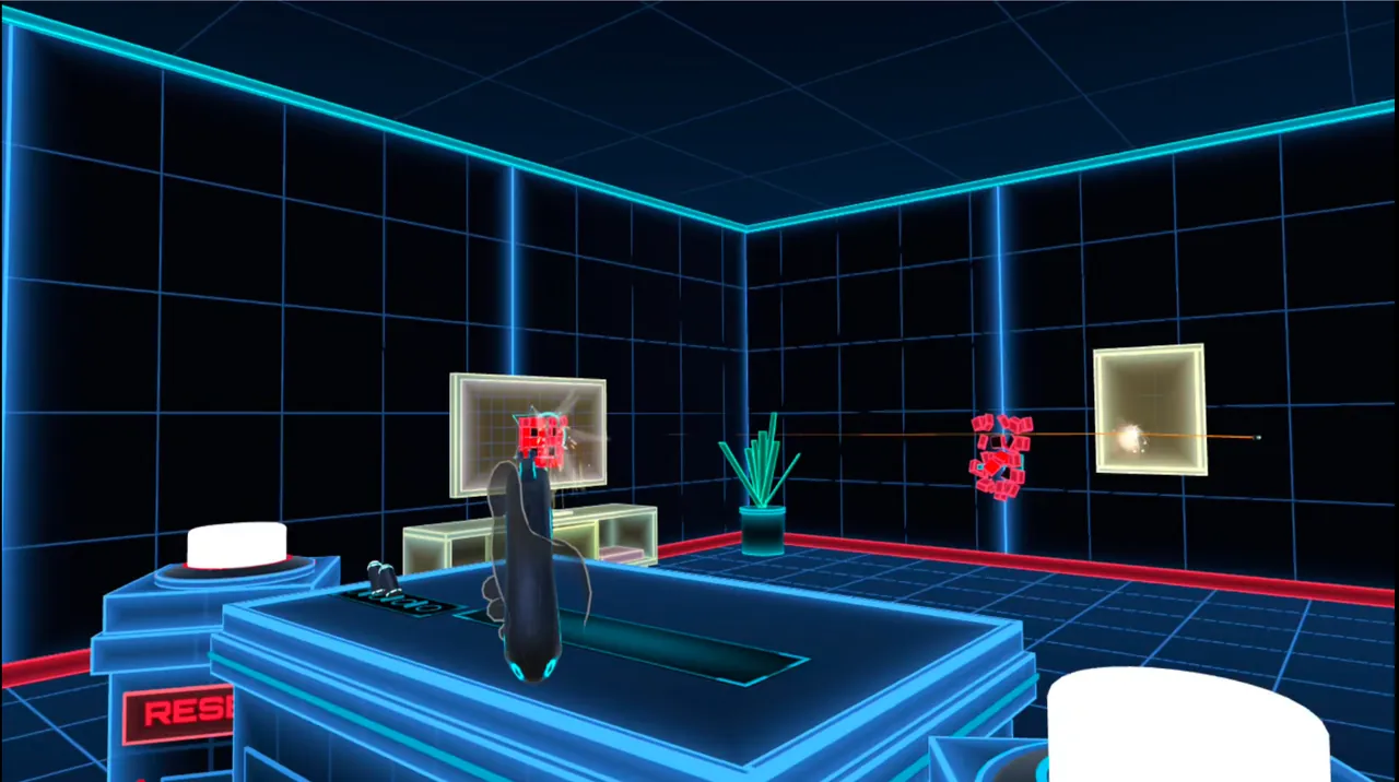 A tracer line crosses the room, sparking off a framed panel as red target fragments fly apart.