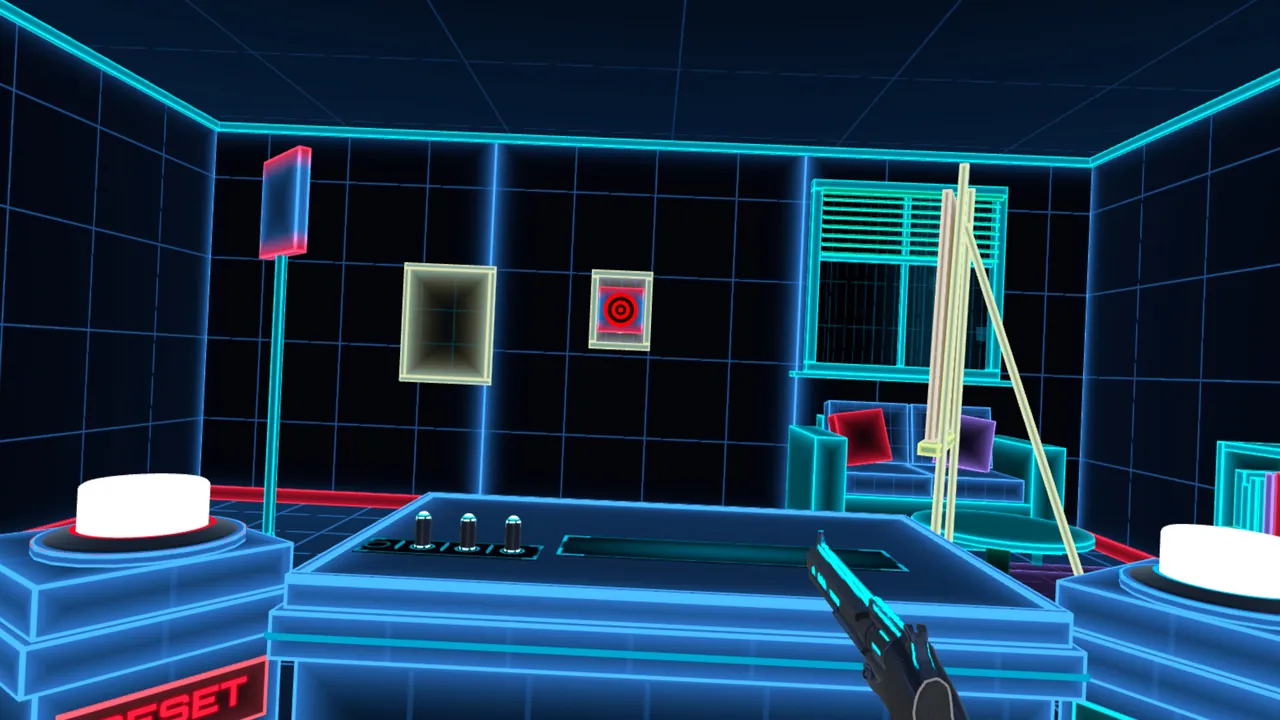 Overview of a neon living-room level: shooting table with three bullets, a RESET button, angled panels on stands and a bullseye target framed on the wall.
