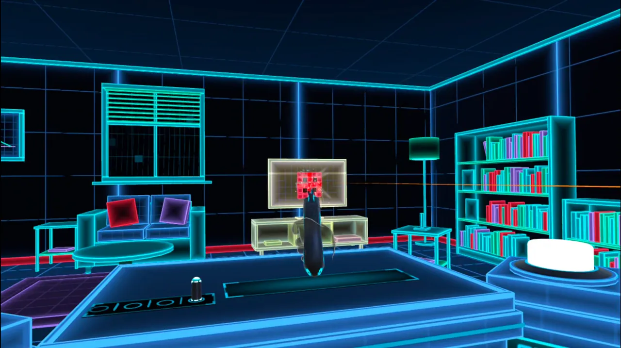 A target on the TV explodes into red pixels, the tracer still glowing toward the bookshelf.