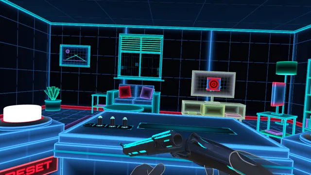 The player's revolver over the table, three bullets in the tray, a target on the TV across the room.